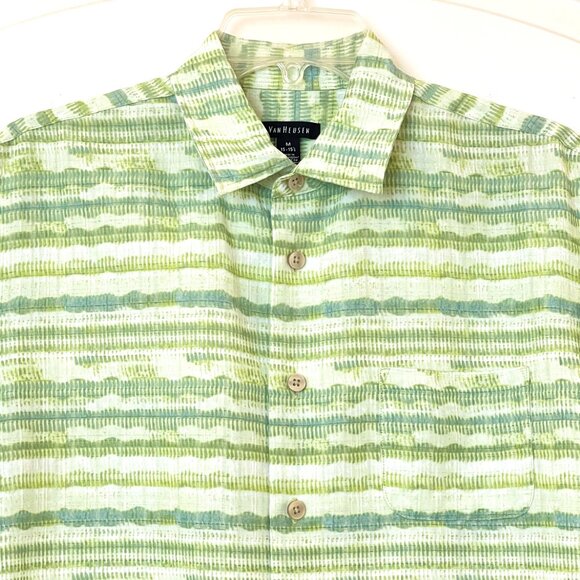 Men's Van Heusen Medium Button Shirt Green White Short Sleeve - Picture 2 of 5